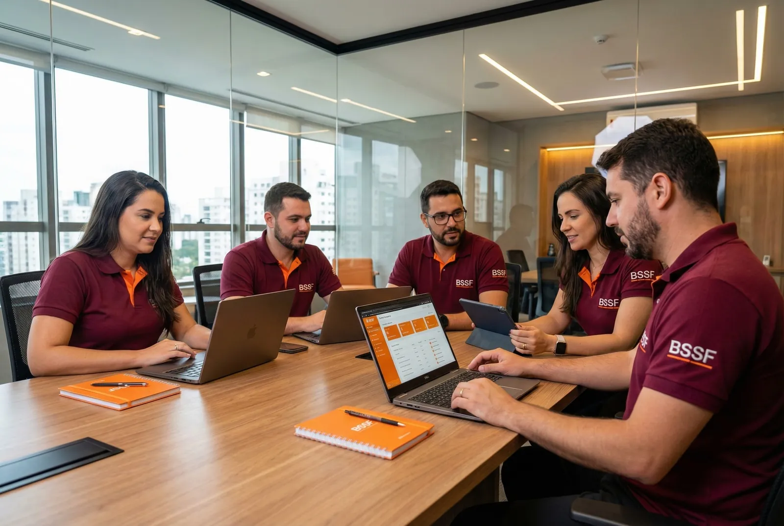Equipe de camisa vinho com notebooks e cadernos trabalhando junta em uma mesa de reunião